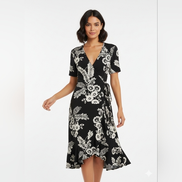 Part Two Dresses & Skirts - Part Two Women's M Floral Midi Black Wrap Dress Feminine Boho
